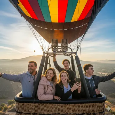 Happy family capturing moments together on a scenic hot air balloon ride in Teotihuacan over ancient pyramids.