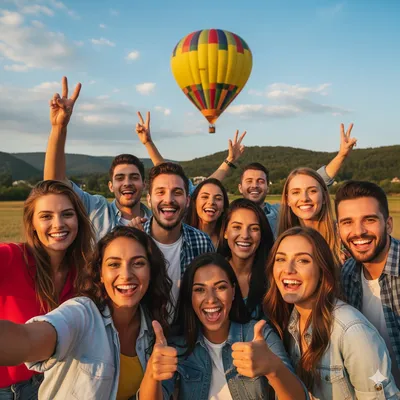 Group of friends posing for a photo before their exciting hot air balloon ride in Teotihuacan adventure.