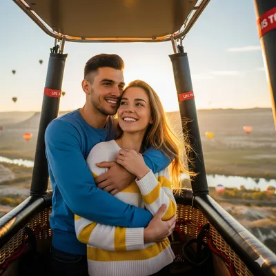 Romantic couple taking in panoramic views during their exciting hot air balloon ride in Teotihuacan.