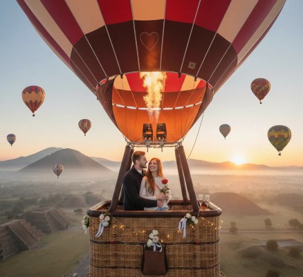 Pareja contemplando la vista de las pirámides mientras disfrutan un vuelo en globo romántico lleno de emoción y tranquilidad.