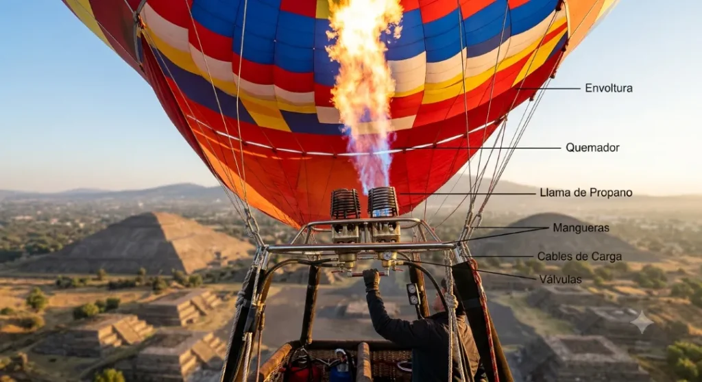 Globo sobrevuela las pirámides mostrando cómo funciona un globo aerostático con condiciones ideales para disfrutar una experiencia inolvidable en Teotihuacán.